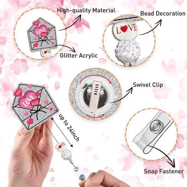 Alt view image 2 of 7 - Obookey Valentines Badge Reel, Cute Heart Envelope ID Badge Reel with Retractable Clip, Glitter Valentines Day Badge Holder for Office Worker Nursing Student Teacher Doctor Medical Assistant Gift
