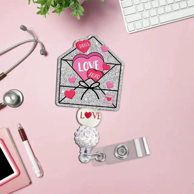 Alt view image 3 of 7 - Obookey Valentines Badge Reel, Cute Heart Envelope ID Badge Reel with Retractable Clip, Glitter Valentines Day Badge Holder for Office Worker Nursing Student Teacher Doctor Medical Assistant Gift