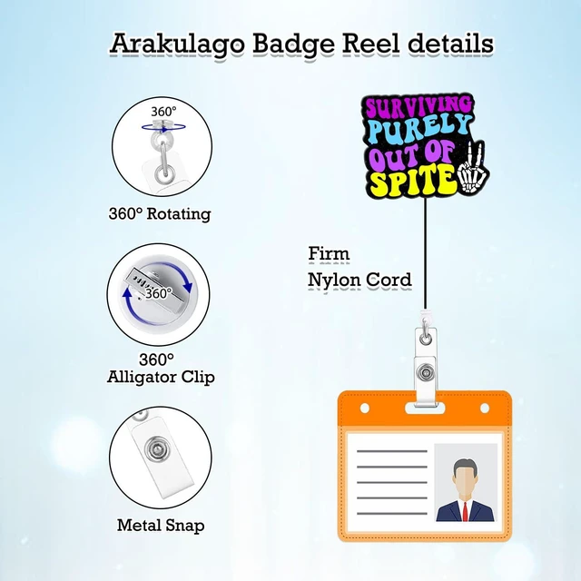Alt view image 2 of 7 - Arakulago Badge Reel Retractable Funny Nurse Nursing Badge Holder with ID Clip Accessories Surviving Purely Out of Spite RN CNA Medical Assistant Glitter Pink Acrylic Name Badge Clip Hospital Jler63