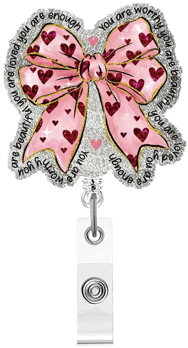 Main image of Valentine's Day Badge Holder Retractable Pink Bow ID Badge Reel with Alligator Clip Holiday Gift for Nurses Red Heart Love Acrylic Glitter Name Badge Reels for Nurse Student Doctors Office Worker