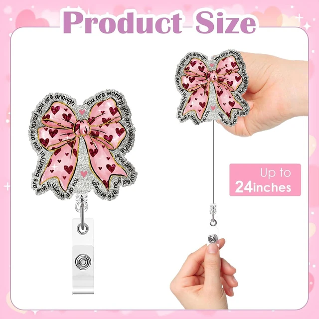 Alt view image 2 of 6 - Valentine's Day Badge Holder Retractable Pink Bow ID Badge Reel with Alligator Clip Holiday Gift for Nurses Red Heart Love Acrylic Glitter Name Badge Reels for Nurse Student Doctors Office Worker