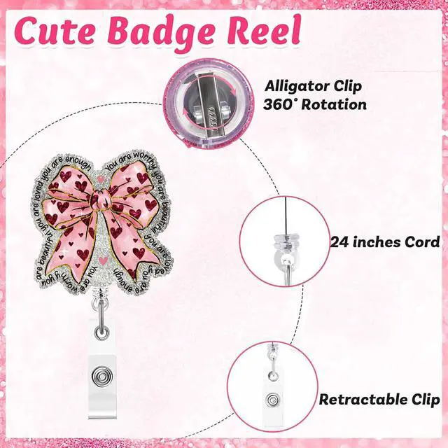 Alt view image 3 of 6 - Valentine's Day Badge Holder Retractable Pink Bow ID Badge Reel with Alligator Clip Holiday Gift for Nurses Red Heart Love Acrylic Glitter Name Badge Reels for Nurse Student Doctors Office Worker