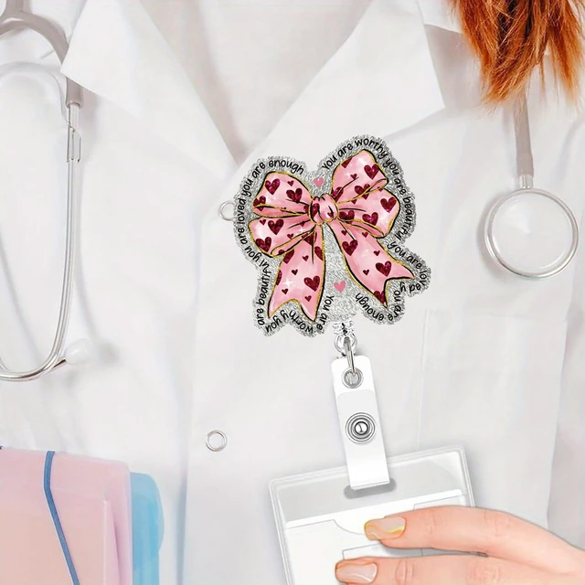 Alt view image 6 of 6 - Valentine's Day Badge Holder Retractable Pink Bow ID Badge Reel with Alligator Clip Holiday Gift for Nurses Red Heart Love Acrylic Glitter Name Badge Reels for Nurse Student Doctors Office Worker