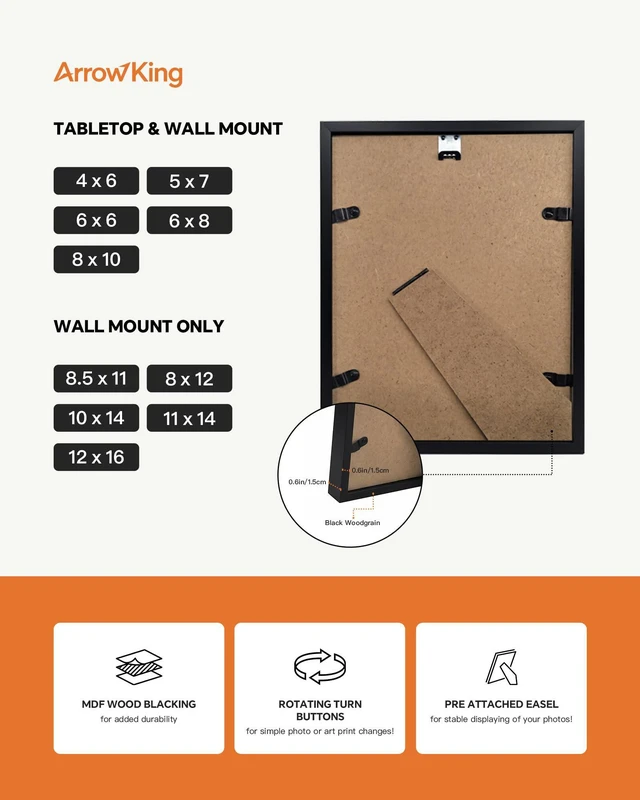 Alt view image 3 of 5 - king 8x10 Black Picture Frame, Tabletop & Wall Display Photo Frame | Fits 5x7 photos with mat or 8x10 without mat. Acrylic front for poster, artwork and family photo. Gallery wall, Home decor