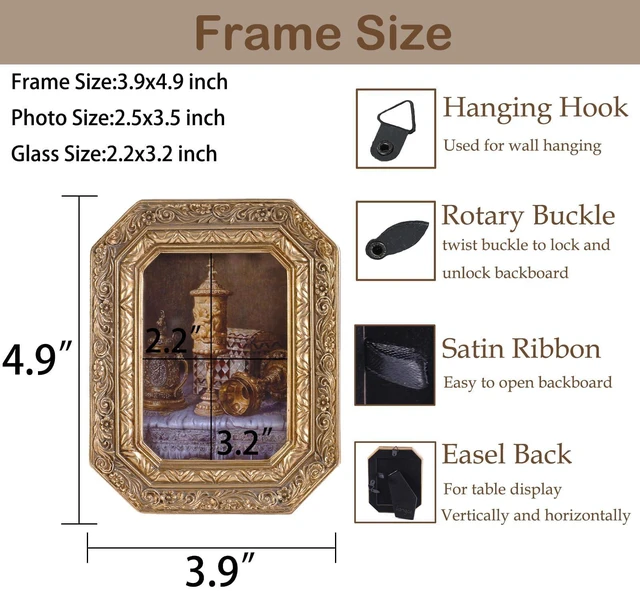 Alt view image 3 of 7 - Kangce Vintage Picture Frames 2.5x3.5 Octagon Bronze Antique Ornate Picture Frames for Tabletop and Wall Mount with Glass Front Retro Home Decor Old Fashioned Victorian Photo Gallery Wall Decor