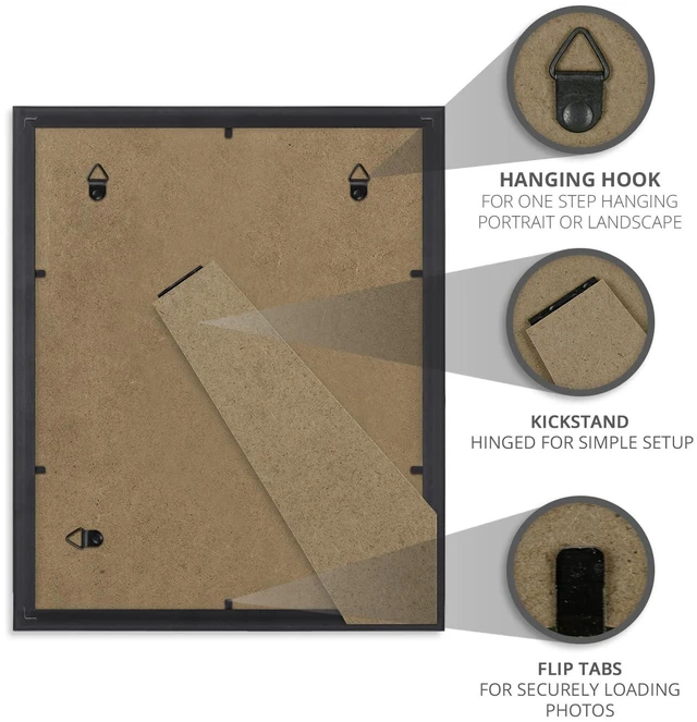 Alt view image 5 of 6 - Icona Bay 8x10 Black Picture Frame, Simple Modern Design, Table Top Kickstand and Wall Hanging Hooks Included, Impresia Collection