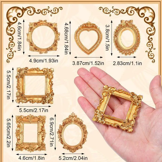 Alt view image 2 of 7 - Gjinxi Small Gold Picture Frame 6 PCS Mini Vintage Resin Frames | Baroque Antique Ornaments, Table Top Jewelry Display, Oval Rectangle Heart, Photography Holder, for DIY Photo