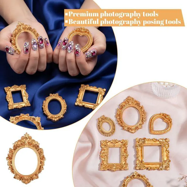 Alt view image 4 of 7 - Gjinxi Small Gold Picture Frame 6 PCS Mini Vintage Resin Frames | Baroque Antique Ornaments, Table Top Jewelry Display, Oval Rectangle Heart, Photography Holder, for DIY Photo