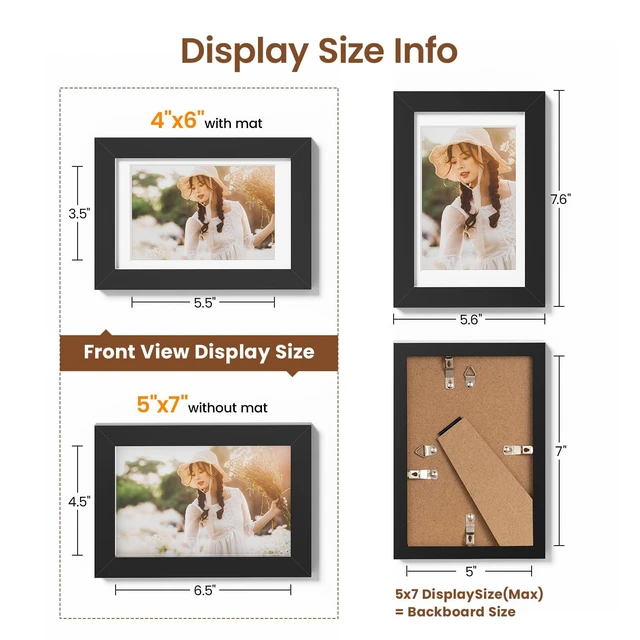 Alt view image 4 of 7 - Heimlove 5x7 Black Picture Frame,Black 5 x 7 Photo Frames Display Pictures 4x6 with Mat or 5x7 Without Mat,with HD Plexiglass,for Postcard Diploma Poster Collage for Tabletop or Wall Mounted