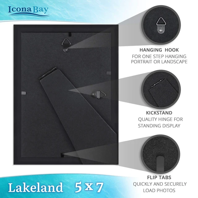 Alt view image 4 of 6 - Icona Bay 5x7 Black Picture Frame - Contemporary Photo Frame 5 x 7 | Icona Bay Engineered Wood Frame for Walls or Tabletop, Photo Holder with Heat-Strengthened Glass, Lakeland Collection