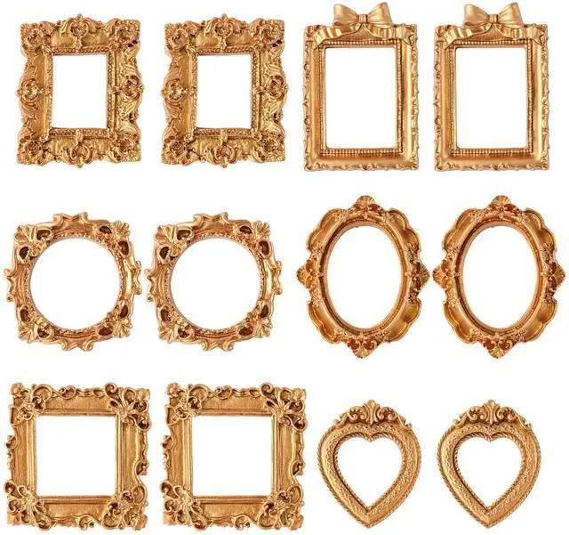 Main image of Famjoyart 12 Pcs Mini Picture Frames Set Vintage Hanging Photo Christmas Pictures Ornament Resin Small Gallery Wall Frames for Crafts DIY Jewelry Display, Holiday Party Decor, Art Box Frame (Brushed G
