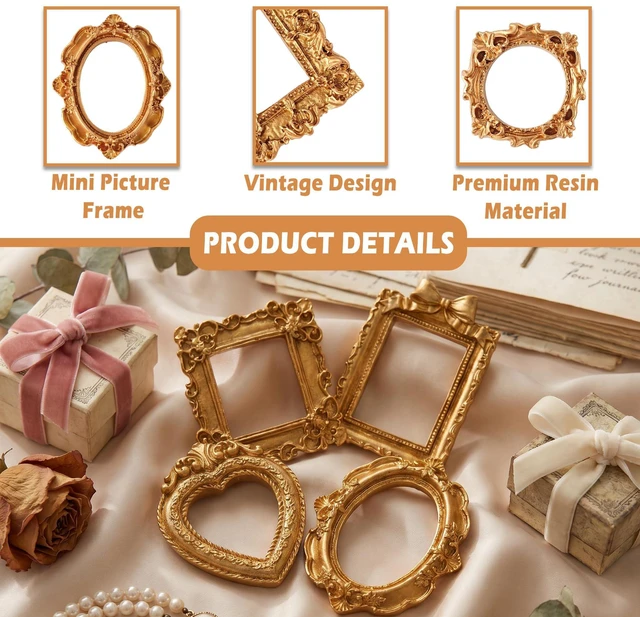Alt view image 3 of 7 - Famjoyart 12 Pcs Mini Picture Frames Set Vintage Hanging Photo Christmas Pictures Ornament Resin Small Gallery Wall Frames for Crafts DIY Jewelry Display, Holiday Party Decor, Art Box Frame (Brushed G