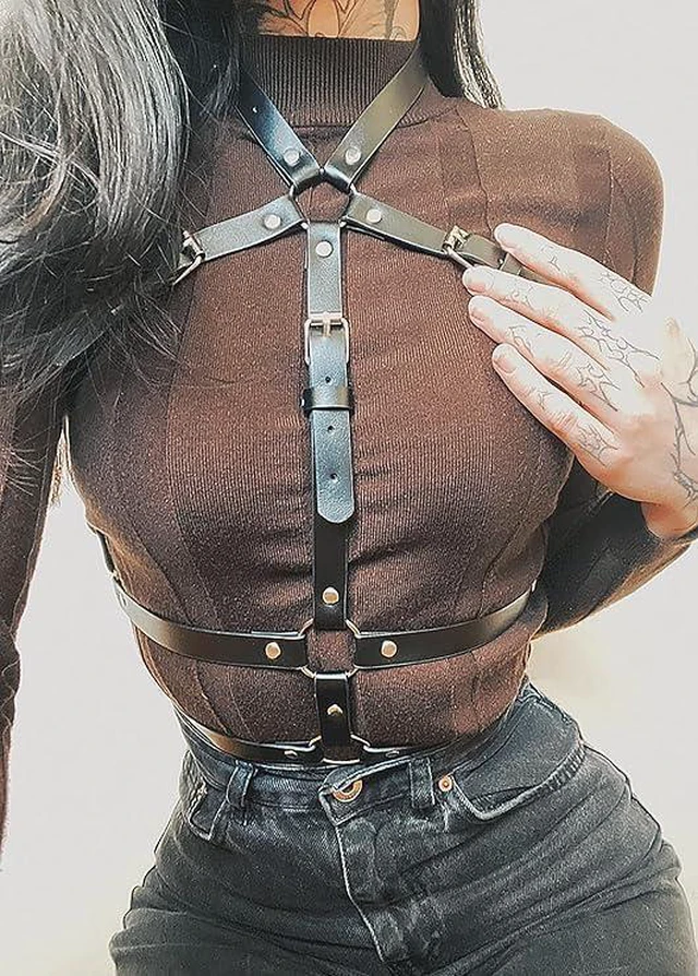 Alt view image 2 of 7 - Women's Adjustable PU Leather Body Harness - Leather Harness-Chest Harness-BDSM Body Harness-Gothic Multi-Strap Fashion Chest with Alloy Hardware, FES Black