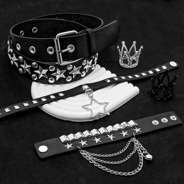 Alt view image 7 of 7 - ZAGQIG 3Pcs Black Studded Belt Leather Rivet Cuff Bracelet Gothic Studded Choker Necklace Y2K Belt Grunge Emo Punk Rock Accessories Set for Women Men (Black A)