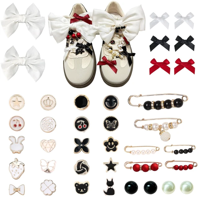 Main image of Lospfo 38 Pcs Shoe Charms for Sneakers Satin Bow Sneaker Charm for Shoe Lace with Bows/Jewelry/Pins/Clips Shoelace DIY Charms Decoration for Women (White)