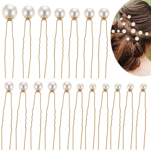 Main image of 18 Pieces Bridal Hair Accessories Wedding Pearls Hair Pins U Shaped Pearl Clips for Bride Bridesmaid Women Girls (Gold)