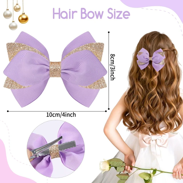 Alt view image 3 of 7 - NCMAMA 2PCS 4 Inch Sparkly Glitter Purple A Hair Bow Clips for Girls Kids | Grosgrain Sequin Barrettes Hair Pins for Toddler Children, Boutique Hair Accessories for Halloween Christmas Birthday Party