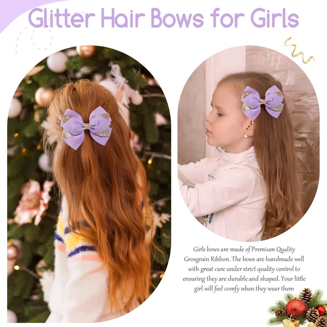 Alt view image 4 of 7 - NCMAMA 2PCS 4 Inch Sparkly Glitter Purple A Hair Bow Clips for Girls Kids | Grosgrain Sequin Barrettes Hair Pins for Toddler Children, Boutique Hair Accessories for Halloween Christmas Birthday Party