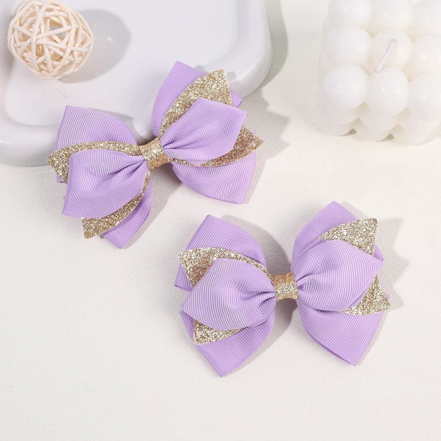 Alt view image 6 of 7 - NCMAMA 2PCS 4 Inch Sparkly Glitter Purple A Hair Bow Clips for Girls Kids | Grosgrain Sequin Barrettes Hair Pins for Toddler Children, Boutique Hair Accessories for Halloween Christmas Birthday Party