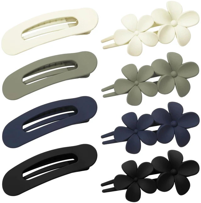 Main image of obeoby 8 Pcs Flat Hair Claw Clips For Women, 2 Styles French Barrettes Set | Matte 4 Colors, Lay-Flat/Flowers Design, Non-Slip Plastic Medium Large Hair Pins For Thick Thin Accessories Gifts