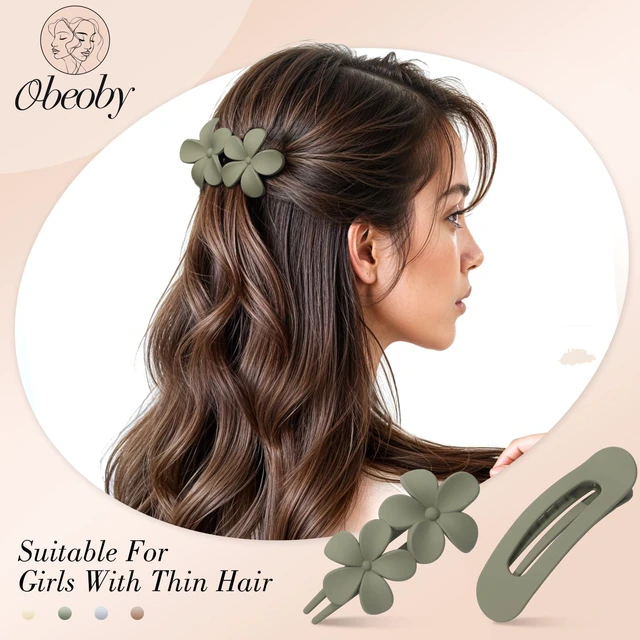 Alt view image 4 of 7 - obeoby 8 Pcs Flat Hair Claw Clips For Women, 2 Styles French Barrettes Set | Matte 4 Colors, Lay-Flat/Flowers Design, Non-Slip Plastic Medium Large Hair Pins For Thick Thin Accessories Gifts