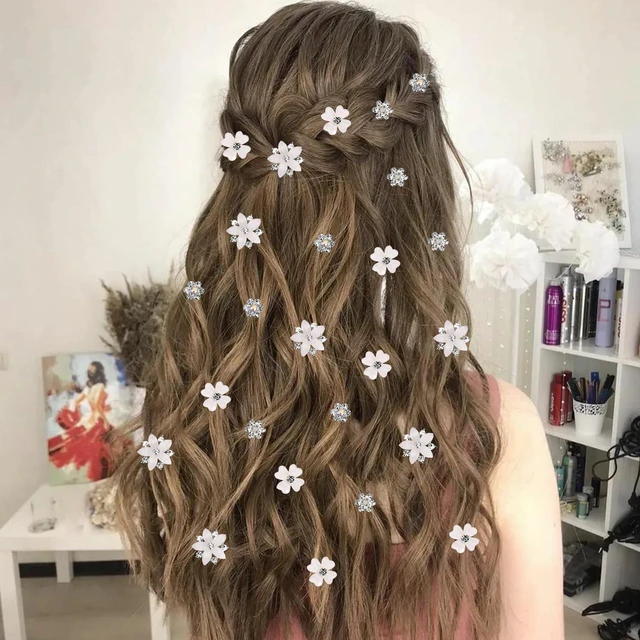 Alt view image 3 of 7 - Atoden Mini Rhinestone Flower Hair Clips Small 20Pcs White Glitter Tiny Decorative Hair Pins Barrettes Floral Wedding Bridal Hair Accessories for Women Girls Teens