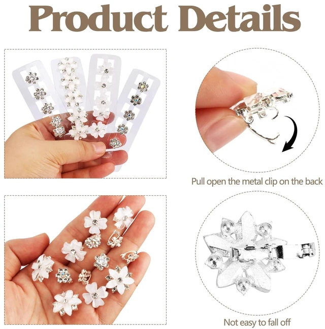 Alt view image 5 of 7 - Atoden Mini Rhinestone Flower Hair Clips Small 20Pcs White Glitter Tiny Decorative Hair Pins Barrettes Floral Wedding Bridal Hair Accessories for Women Girls Teens