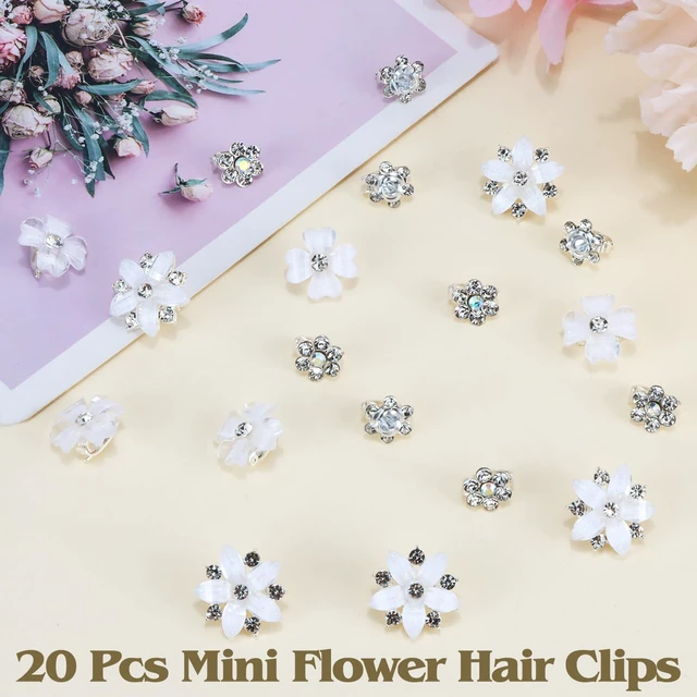 Alt view image 7 of 7 - Atoden Mini Rhinestone Flower Hair Clips Small 20Pcs White Glitter Tiny Decorative Hair Pins Barrettes Floral Wedding Bridal Hair Accessories for Women Girls Teens