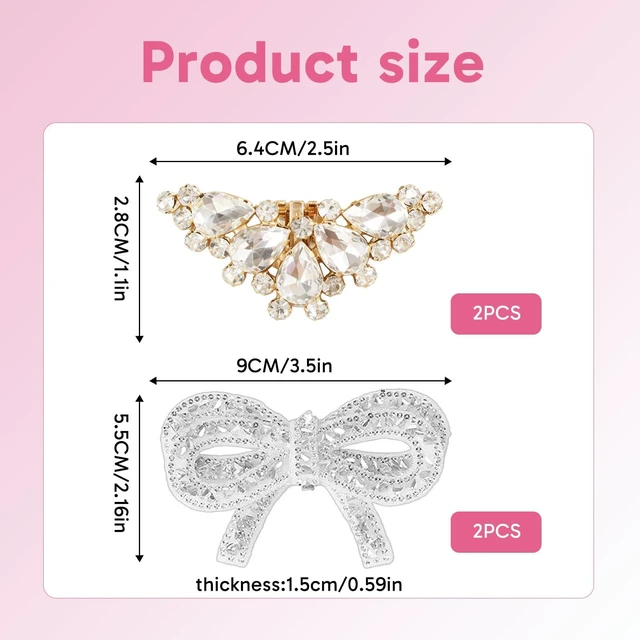 Alt view image 2 of 7 - Hubaltuye 4 PCS Shoe Clips for Women Dress Shoes, With 2 Pcs Detachable Clip on Shoe Embellishments and 2 Pcs A Shoe Bow That Needs to Be Glued With Hot Glue, Wedding Party, Formal Occasion