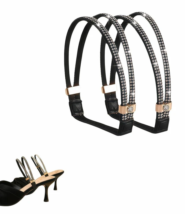 Main image of No-Slip Shoelaces with Diamond Elastic Strap, Anti-Slip Heel Grip for High Heels and Sandals, Black with Silver Rhinestones | Adjustable Invisible Shoe Accessories