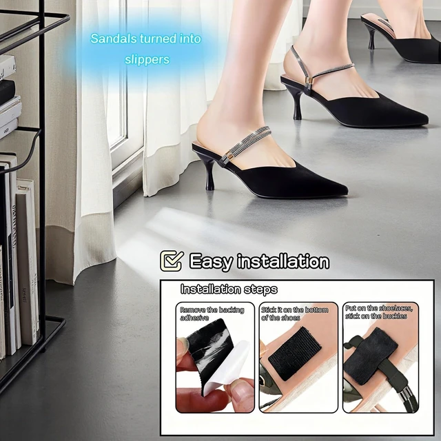Alt view image 2 of 7 - No-Slip Shoelaces with Diamond Elastic Strap, Anti-Slip Heel Grip for High Heels and Sandals, Black with Silver Rhinestones | Adjustable Invisible Shoe Accessories