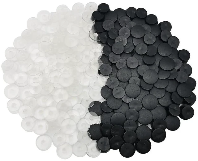 Main image of Alamic 100 Pack Plastic Button Buckle Charm Backs, Black and Transparent | DIY Shoe Charm Accessories, For Flat Shoe and Wristband Charms, Back Ornaments, Round Buttons
