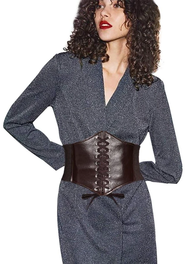 Alt view image 2 of 7 - YooAi Leather Corset Belt for Women Lace-up Elastic Waist Belt Retro Wide Cinch Belt Waistband for Women Dresses Coffee 115cm