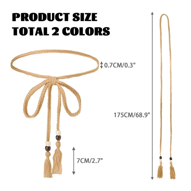 Alt view image 4 of 7 - 2 Pcs Women'S Braided Knotted Tassel Belt,Trendys Rope Chain Ties Waistband Decorative Thin Belts for Women Trendys,Cotton Rope Belts for Thin Dresses Skirts Tunics Beaded Skirt(Beige and Apricot)