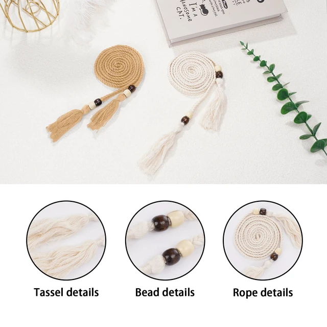Alt view image 5 of 7 - 2 Pcs Women'S Braided Knotted Tassel Belt,Trendys Rope Chain Ties Waistband Decorative Thin Belts for Women Trendys,Cotton Rope Belts for Thin Dresses Skirts Tunics Beaded Skirt(Beige and Apricot)