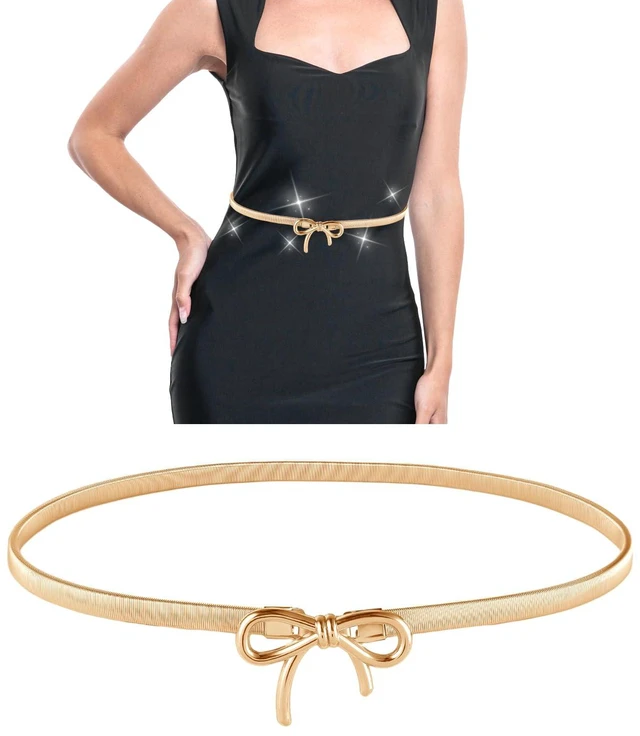 Main image of AOZUO Skinny Metal Waist Belt for Women, Adjustable Elastic Waistband Stretchy Thin Belt With Bow-Knot for Dresses Jeans(Gold)