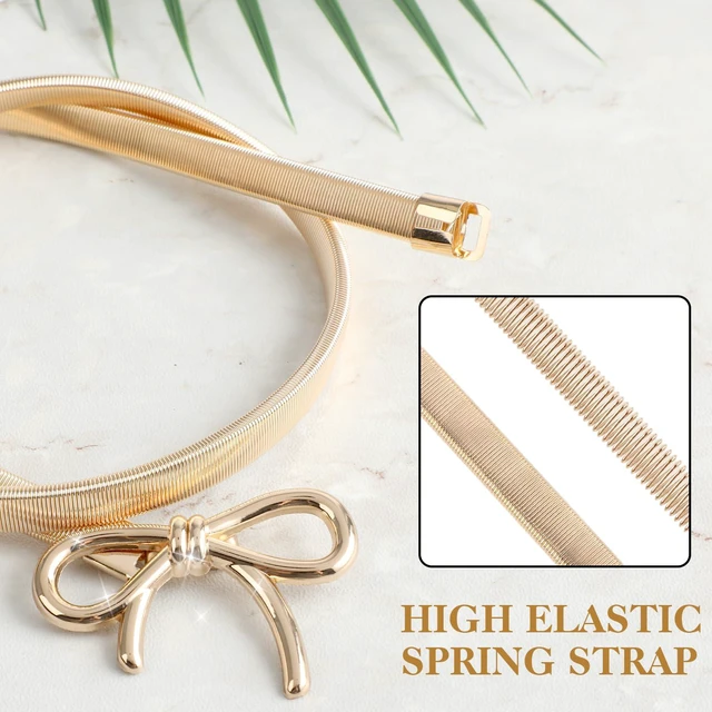 Alt view image 4 of 7 - AOZUO Skinny Metal Waist Belt for Women, Adjustable Elastic Waistband Stretchy Thin Belt With Bow-Knot for Dresses Jeans(Gold)