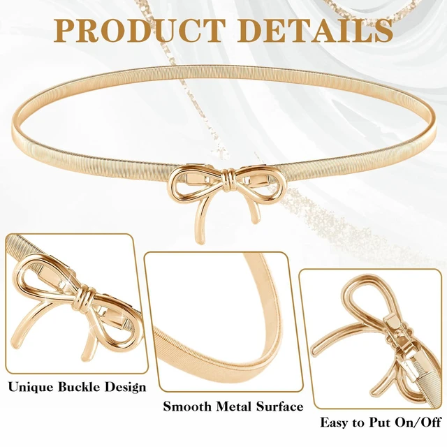 Alt view image 6 of 7 - AOZUO Skinny Metal Waist Belt for Women, Adjustable Elastic Waistband Stretchy Thin Belt With Bow-Knot for Dresses Jeans(Gold)