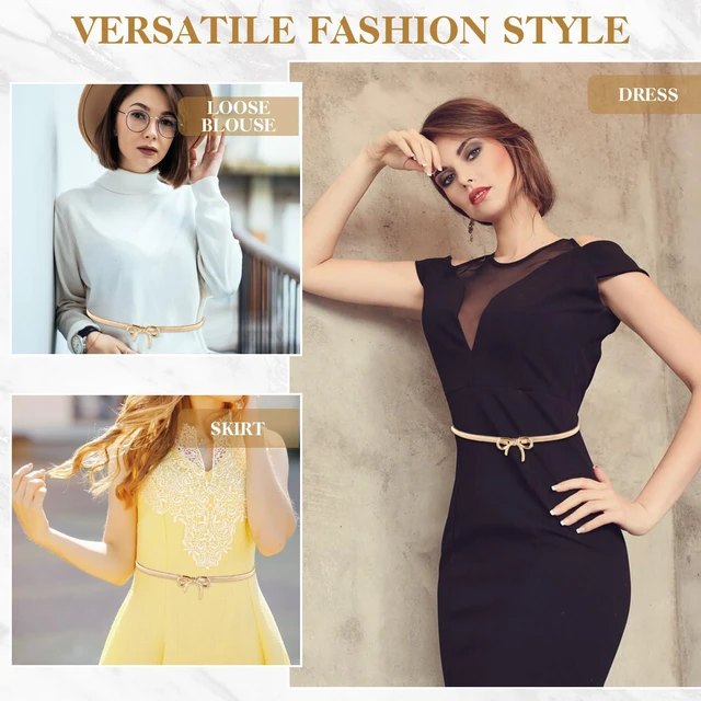 Alt view image 7 of 7 - AOZUO Skinny Metal Waist Belt for Women, Adjustable Elastic Waistband Stretchy Thin Belt With Bow-Knot for Dresses Jeans(Gold)