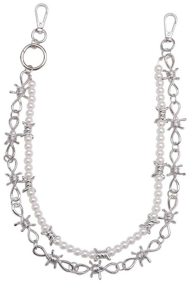 Main image of DIKJAK Punk Pearl & Thorn Jeans Chain - Gothic Double Layer Thorn Belt for Men & Women - Edgy Rock Concert Keychain- Boho Grunge Stage Accessory - Dangerous Elegance Body Chain