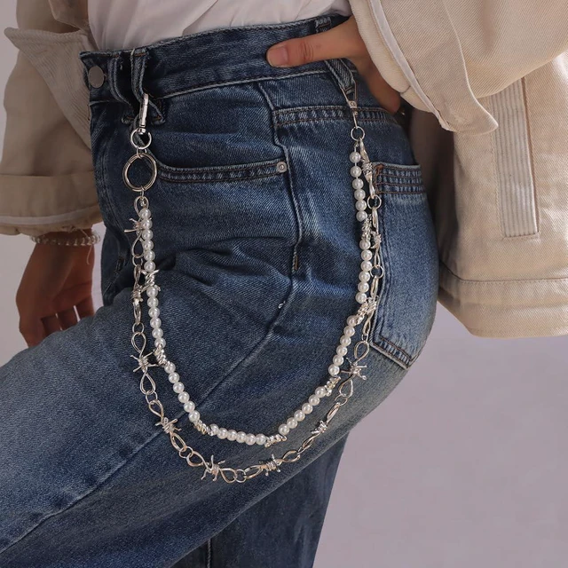 Alt view image 4 of 7 - DIKJAK Punk Pearl & Thorn Jeans Chain - Gothic Double Layer Thorn Belt for Men & Women - Edgy Rock Concert Keychain- Boho Grunge Stage Accessory - Dangerous Elegance Body Chain