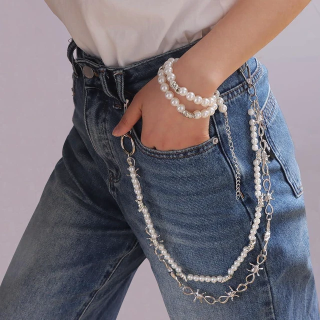 Alt view image 3 of 7 - DIKJAK Punk Pearl & Thorn Jeans Chain - Gothic Double Layer Thorn Belt for Men & Women - Edgy Rock Concert Keychain- Boho Grunge Stage Accessory - Dangerous Elegance Body Chain