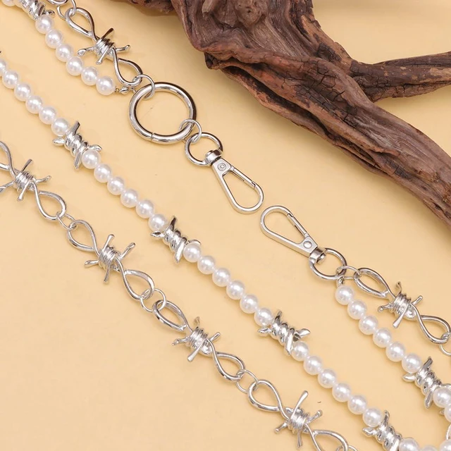 Alt view image 6 of 7 - DIKJAK Punk Pearl & Thorn Jeans Chain - Gothic Double Layer Thorn Belt for Men & Women - Edgy Rock Concert Keychain- Boho Grunge Stage Accessory - Dangerous Elegance Body Chain
