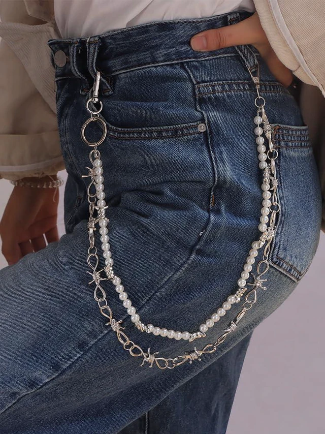 Alt view image 5 of 7 - DIKJAK Punk Pearl & Thorn Jeans Chain - Gothic Double Layer Thorn Belt for Men & Women - Edgy Rock Concert Keychain- Boho Grunge Stage Accessory - Dangerous Elegance Body Chain