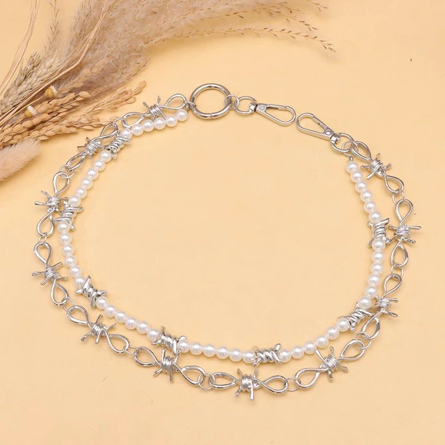 Alt view image 7 of 7 - DIKJAK Punk Pearl & Thorn Jeans Chain - Gothic Double Layer Thorn Belt for Men & Women - Edgy Rock Concert Keychain- Boho Grunge Stage Accessory - Dangerous Elegance Body Chain