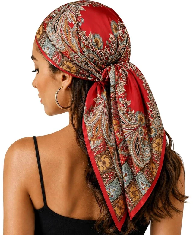 Main image of Head-Scarf for Women Silk-Feeling-Scarf Hair Scarf Boho-Print Bandanas 35 Inches Square (Red)