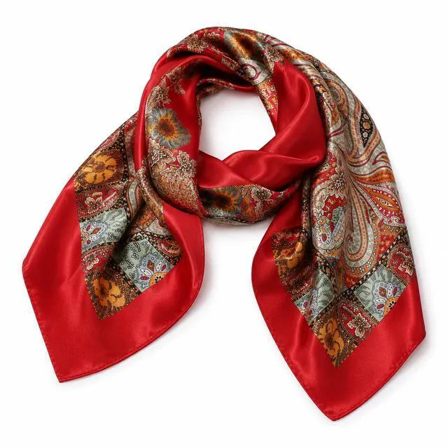 Alt view image 3 of 7 - Head-Scarf for Women Silk-Feeling-Scarf Hair Scarf Boho-Print Bandanas 35 Inches Square (Red)