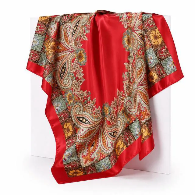 Alt view image 4 of 7 - Head-Scarf for Women Silk-Feeling-Scarf Hair Scarf Boho-Print Bandanas 35 Inches Square (Red)