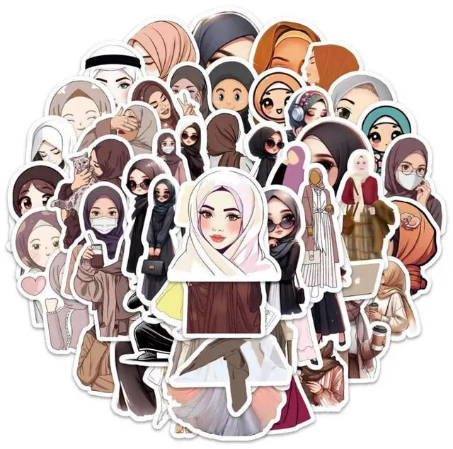 Alt view image 2 of 7 - 54Pcs Muslim Hijab Girl Stickers Islamic Women Waterproof Vinyl Decals | Peel and Stick waterproof sun-proof removable Reusable for Water Bottles Laptop Mobile Phone Skateboard Guitar Decoration