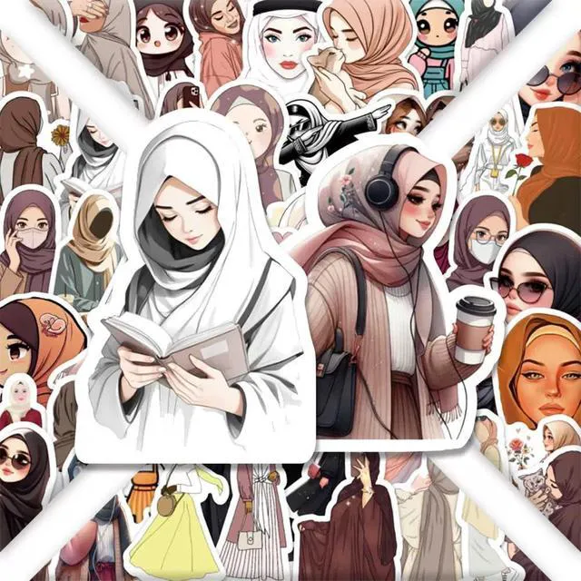 Alt view image 4 of 7 - 54Pcs Muslim Hijab Girl Stickers Islamic Women Waterproof Vinyl Decals | Peel and Stick waterproof sun-proof removable Reusable for Water Bottles Laptop Mobile Phone Skateboard Guitar Decoration